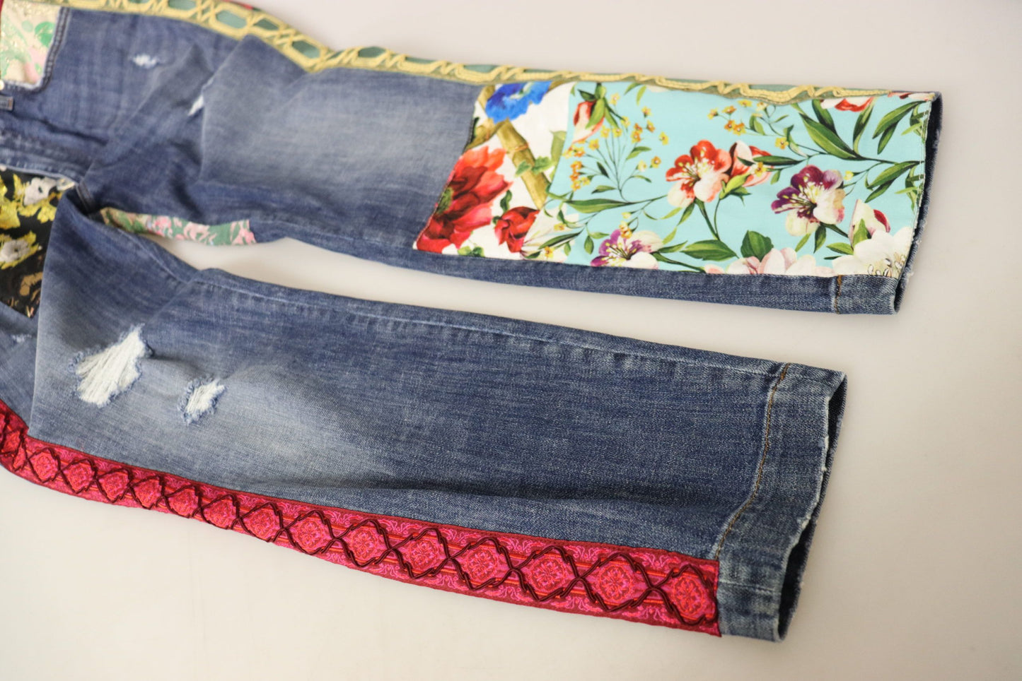 Denim skinny patchwork a vita alta