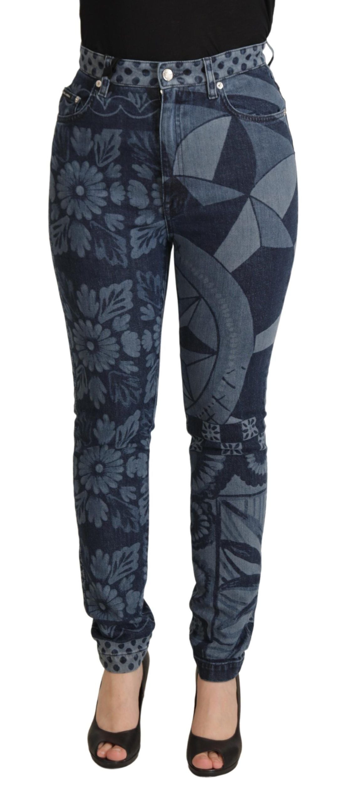 Eleganti jeans skinny a vita alta con motivo floreale