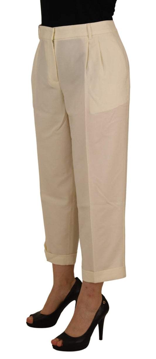 Eleganti pantaloni in lana a vita alta color avorio