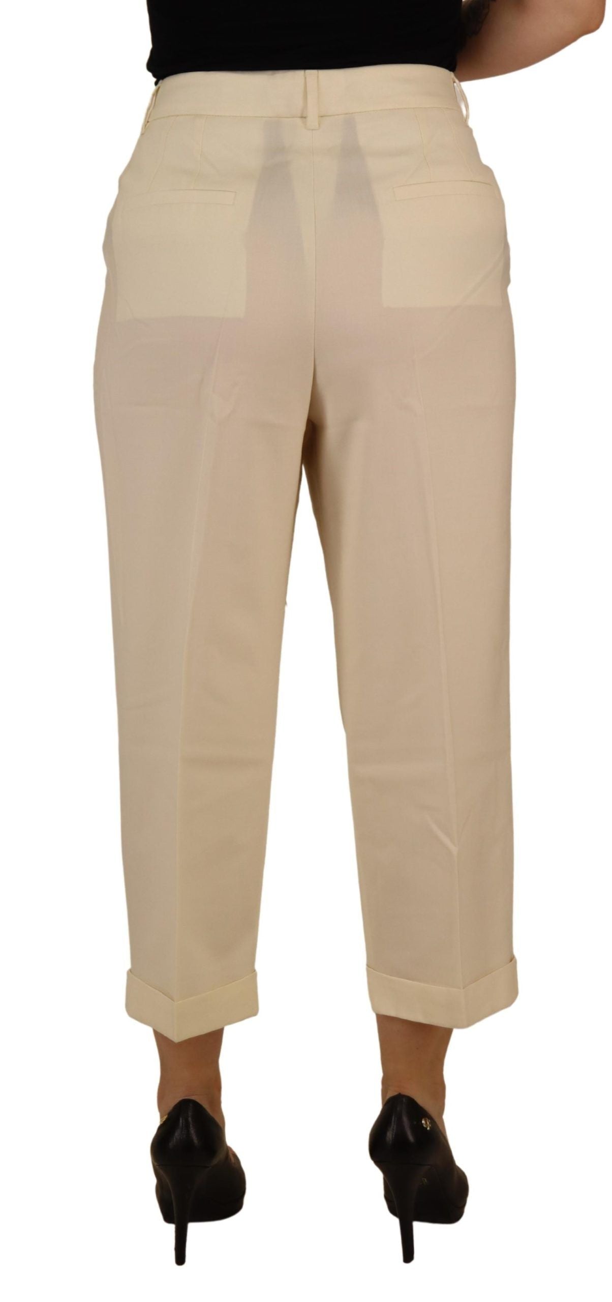 Eleganti pantaloni in lana a vita alta color avorio