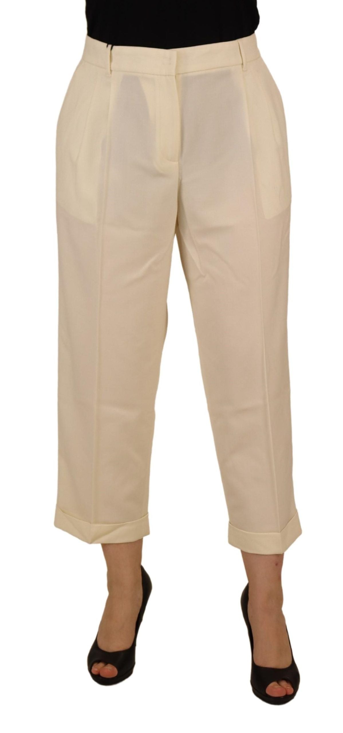 Eleganti pantaloni in lana a vita alta color avorio