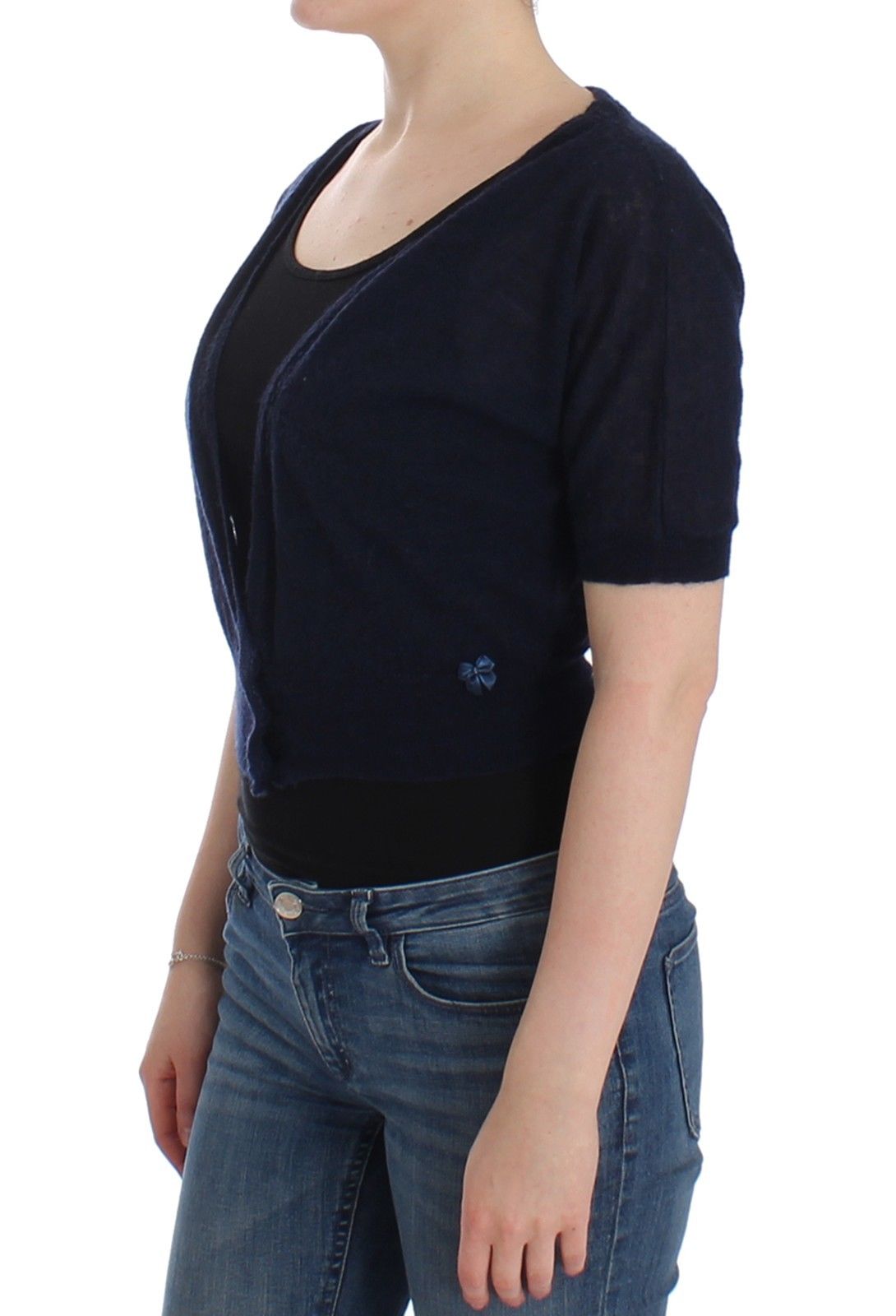 Eleganter kurzer Pullover aus blauer Alpaka-Mischung