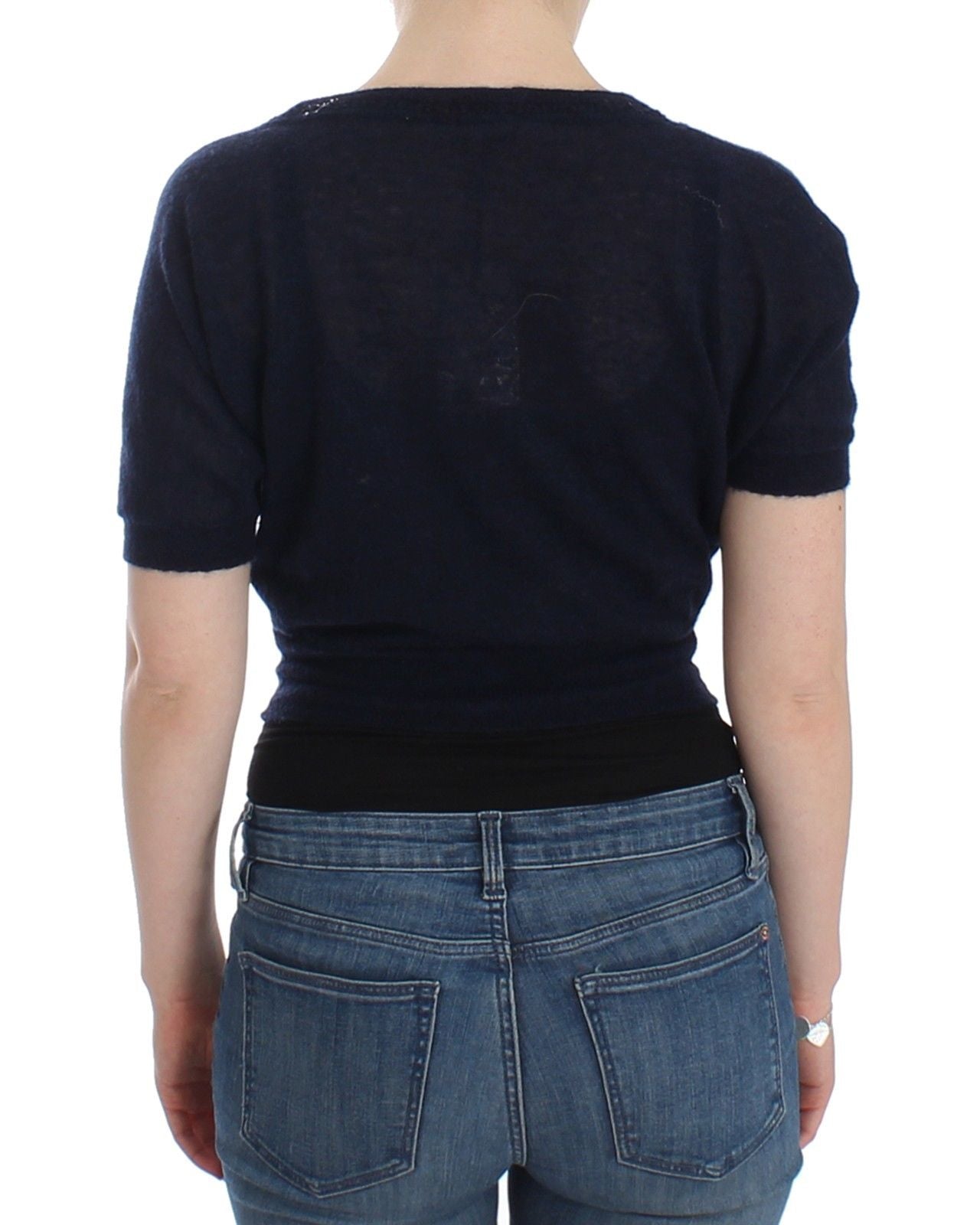 Eleganter kurzer Pullover aus blauer Alpaka-Mischung
