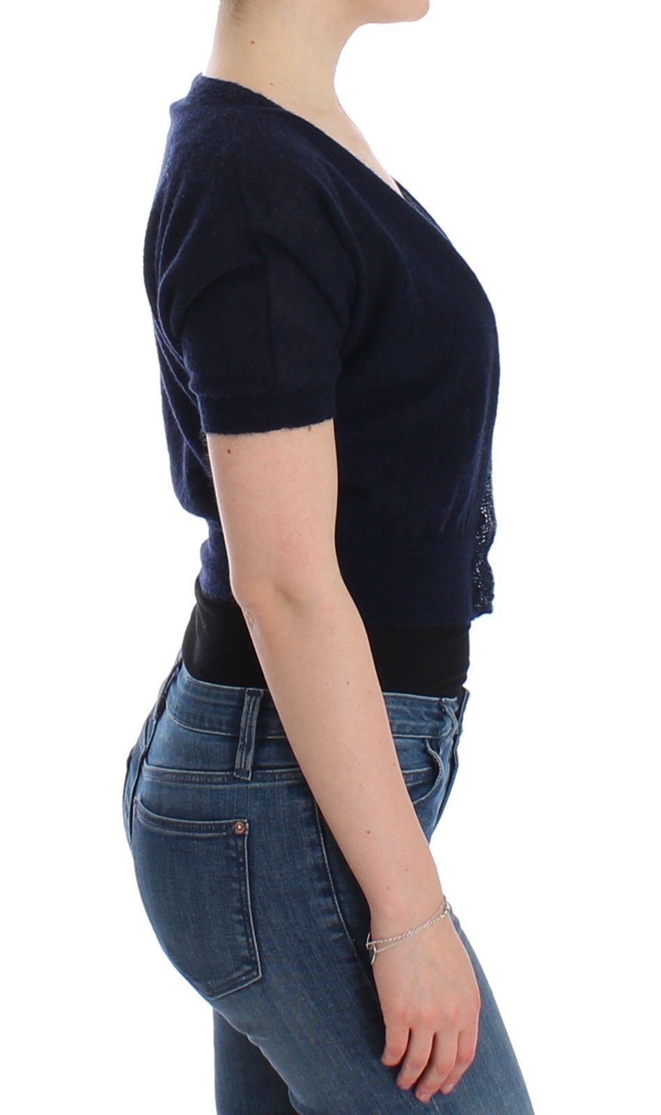 Eleganter kurzer Pullover aus blauer Alpaka-Mischung