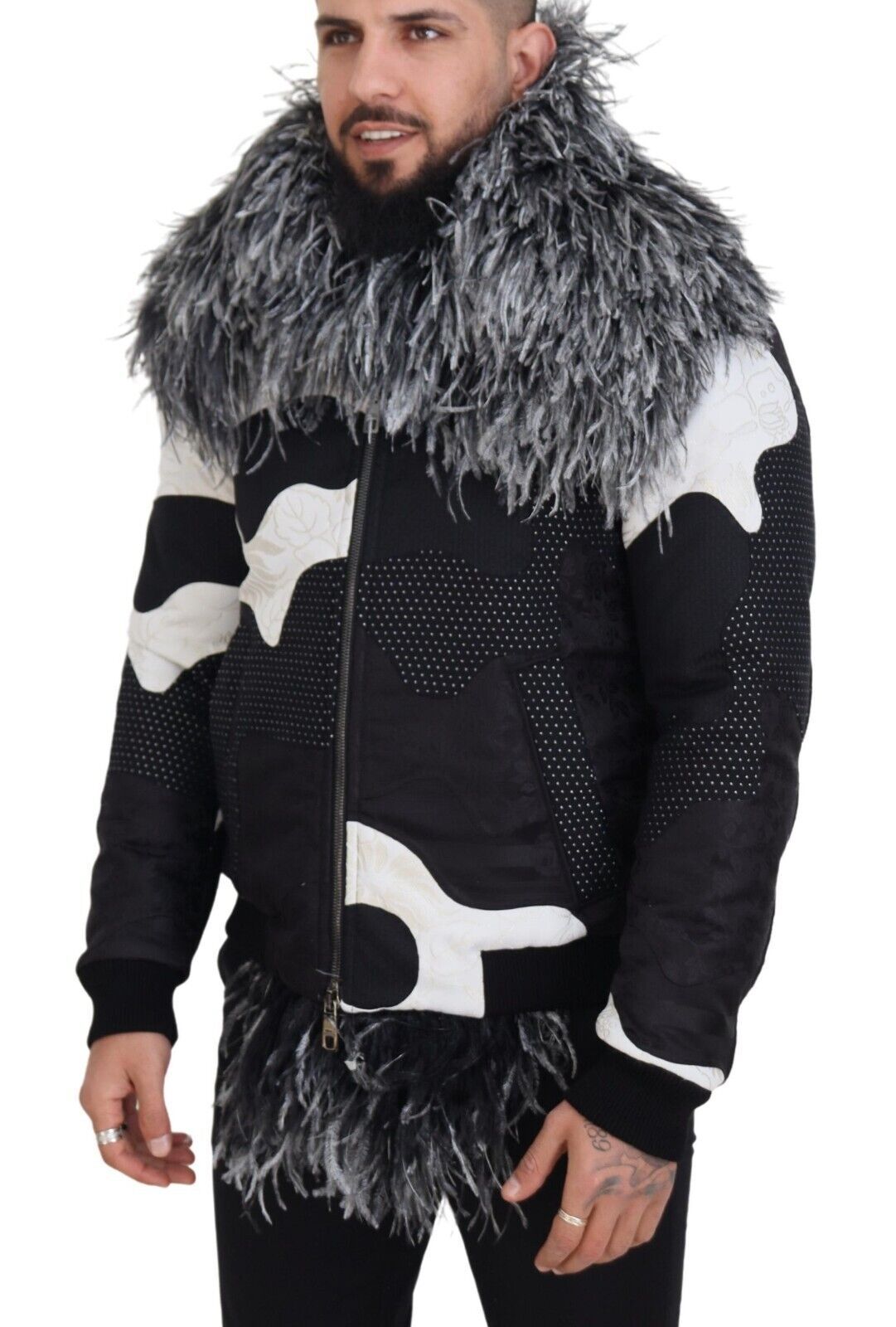 Elegante Shearling-Zip-Jacke in Schwarz &amp; Weiß