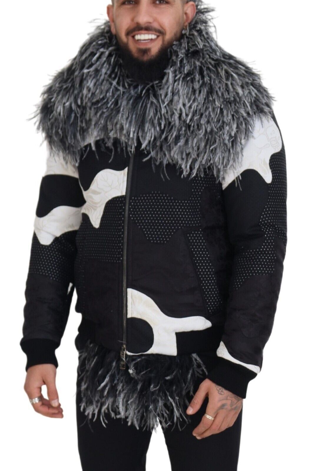 Elegante Shearling-Zip-Jacke in Schwarz &amp; Weiß