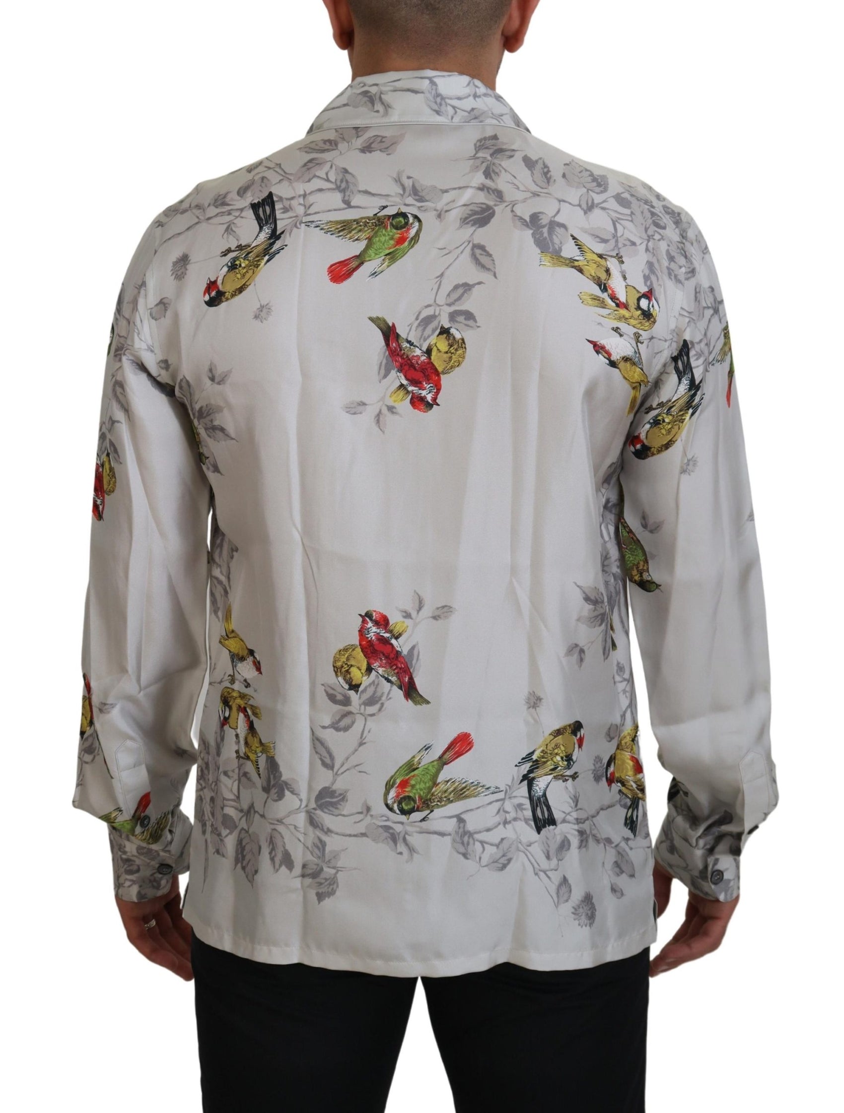 Camicia casual elegante in seta con stampa di uccelli