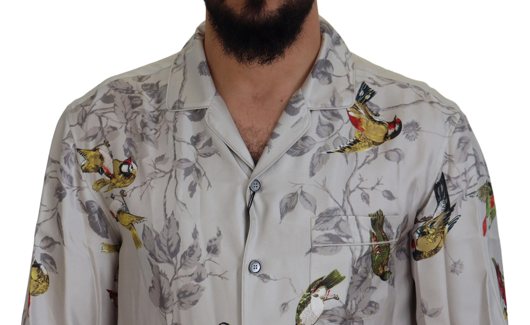 Camicia casual elegante in seta con stampa di uccelli