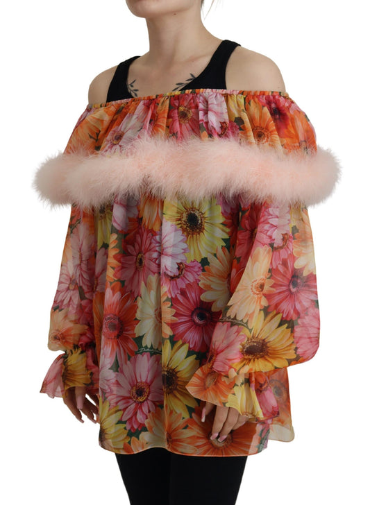 Elegante camicetta floreale in seta con spalle scoperte