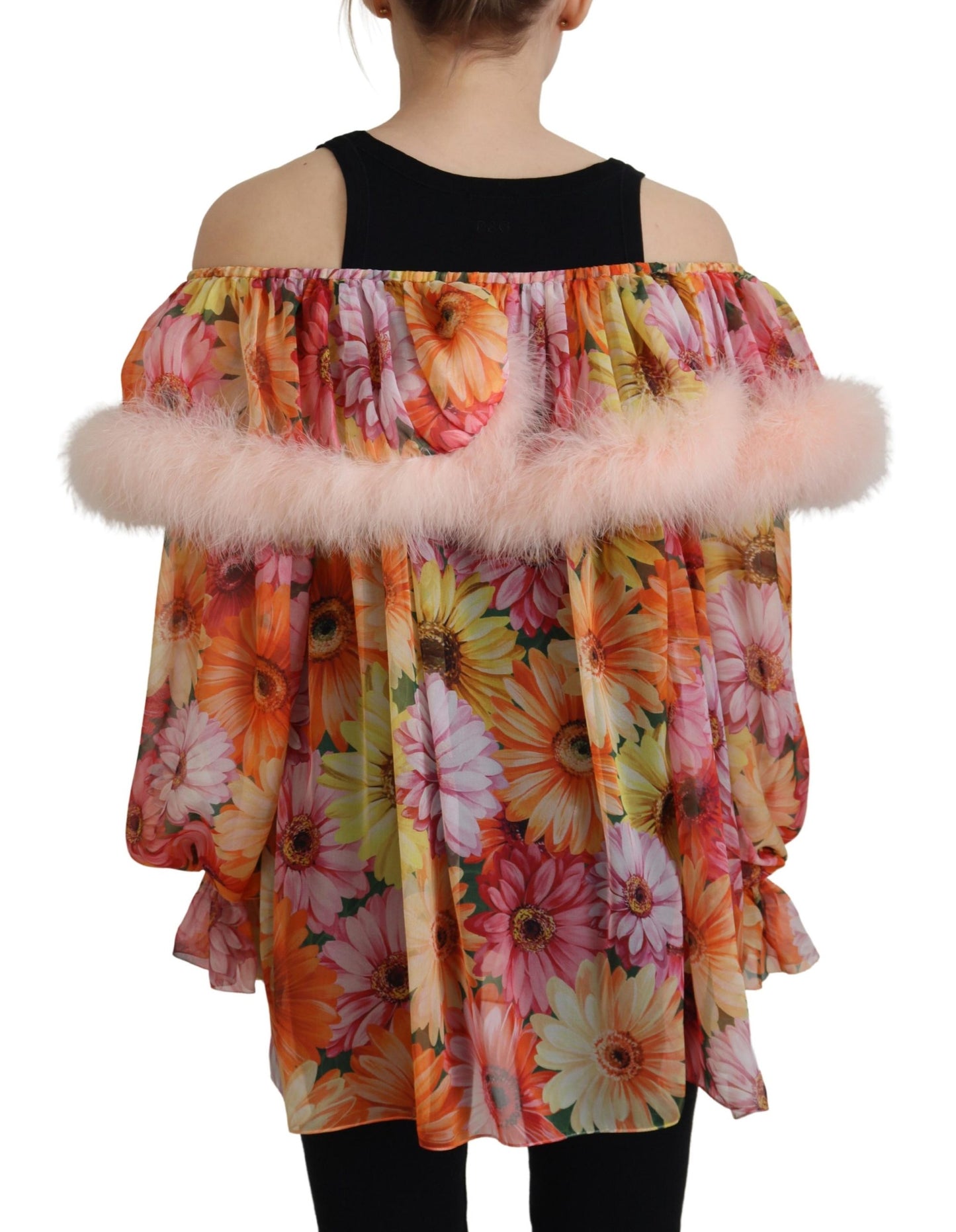 Elegante camicetta floreale in seta con spalle scoperte