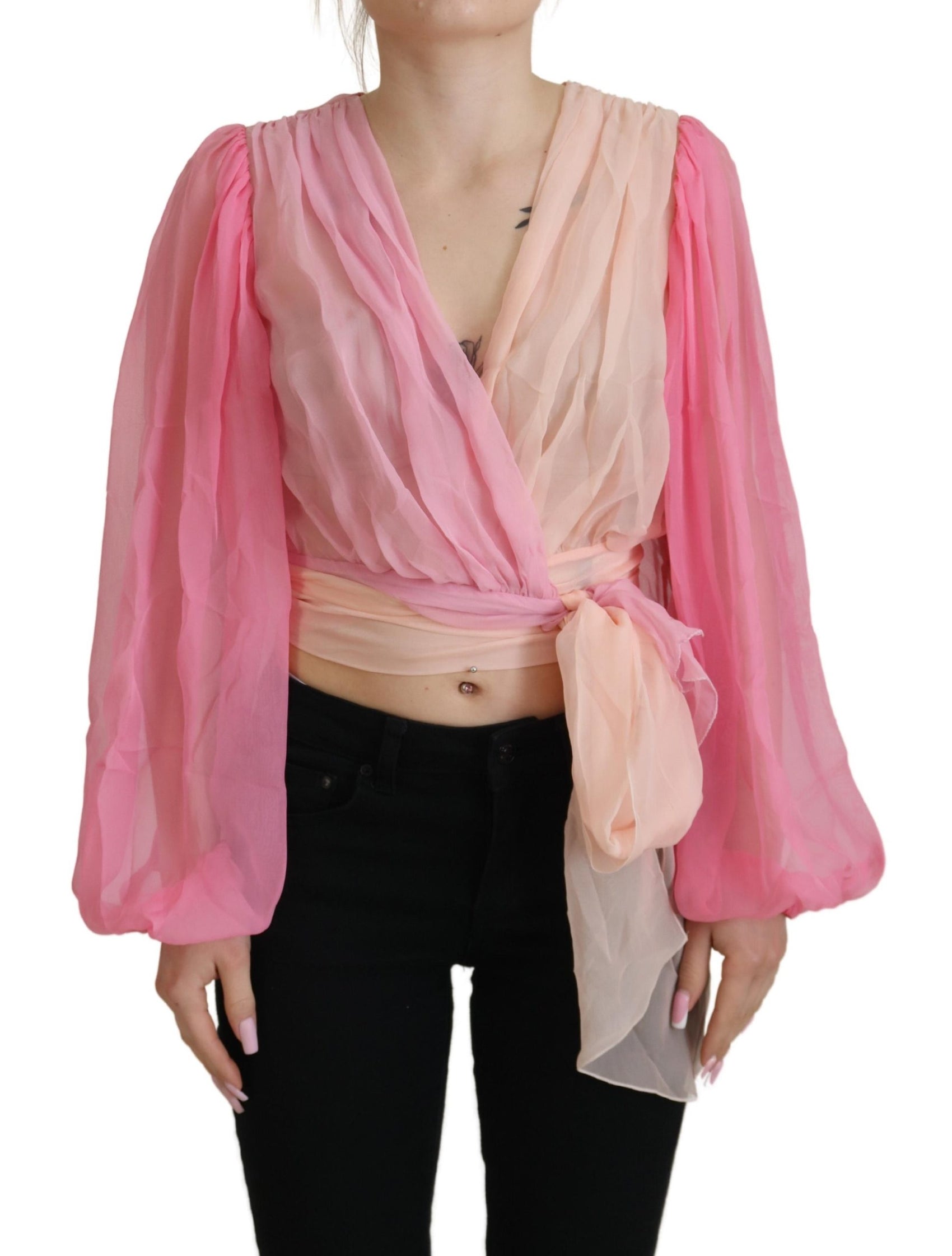 Blusa avvolgente in seta con scollo a V rosa