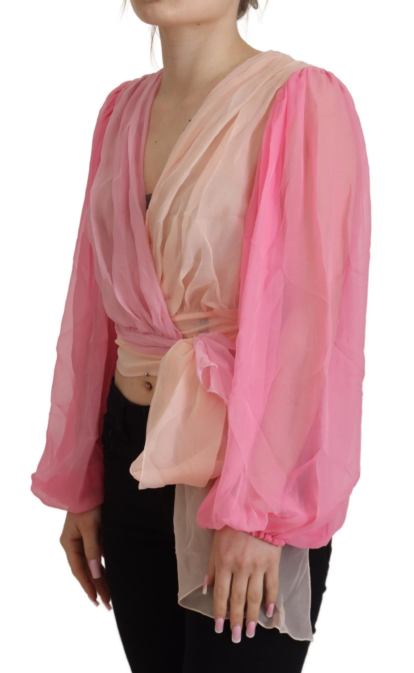Blusa avvolgente in seta con scollo a V rosa