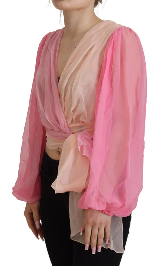 Blusa avvolgente in seta con scollo a V rosa