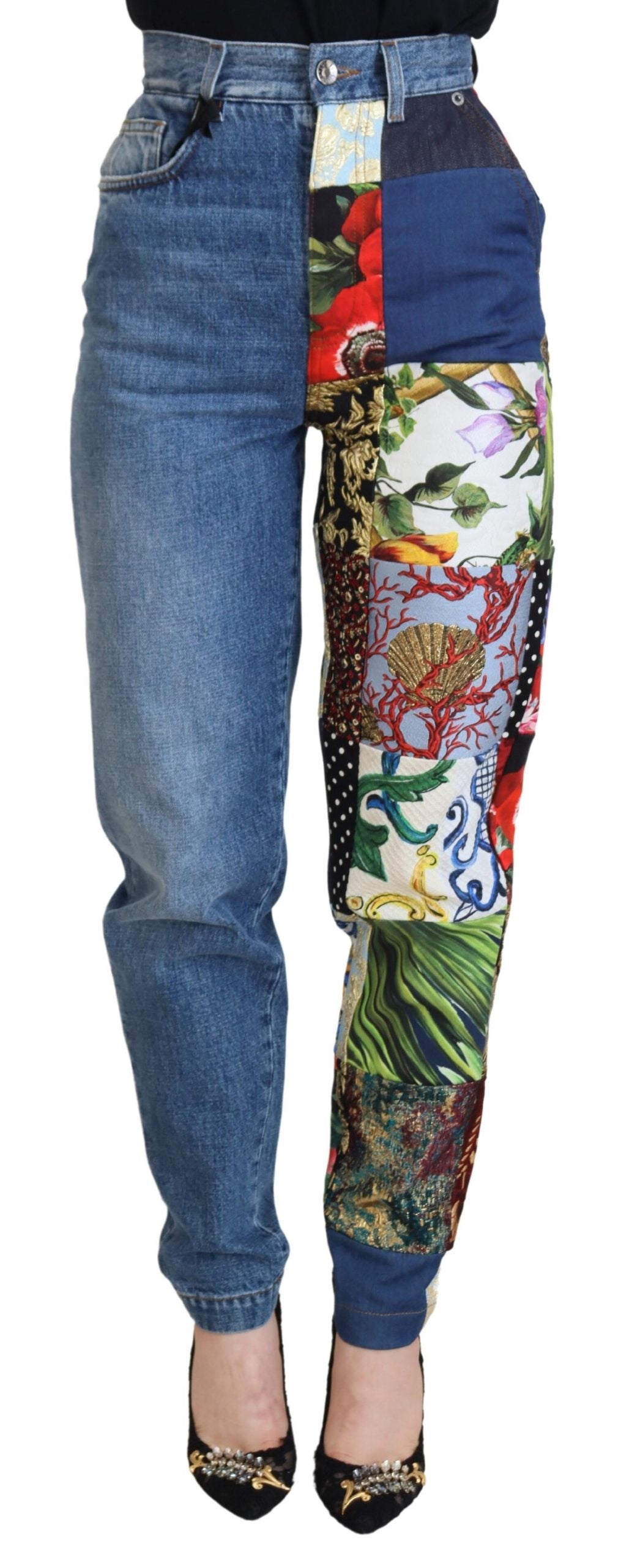 Jeans di lusso in denim blu jacquard patchwork