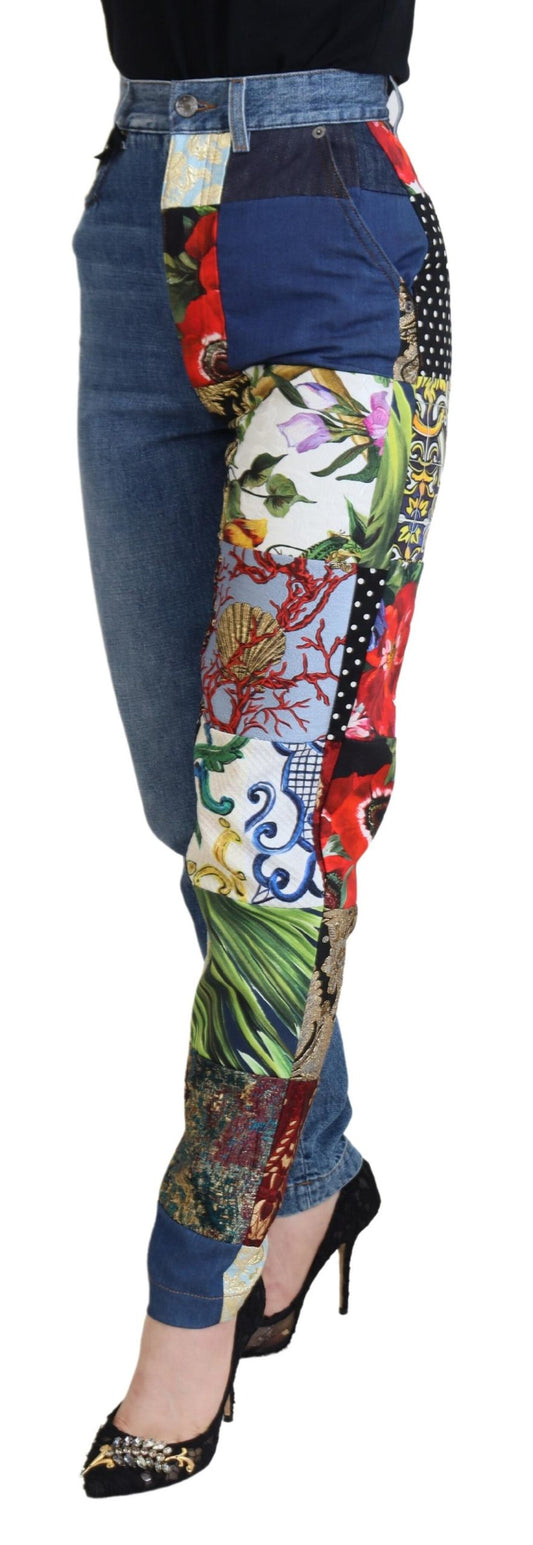 Jeans di lusso in denim blu jacquard patchwork