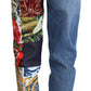 Jeans di lusso in denim blu jacquard patchwork