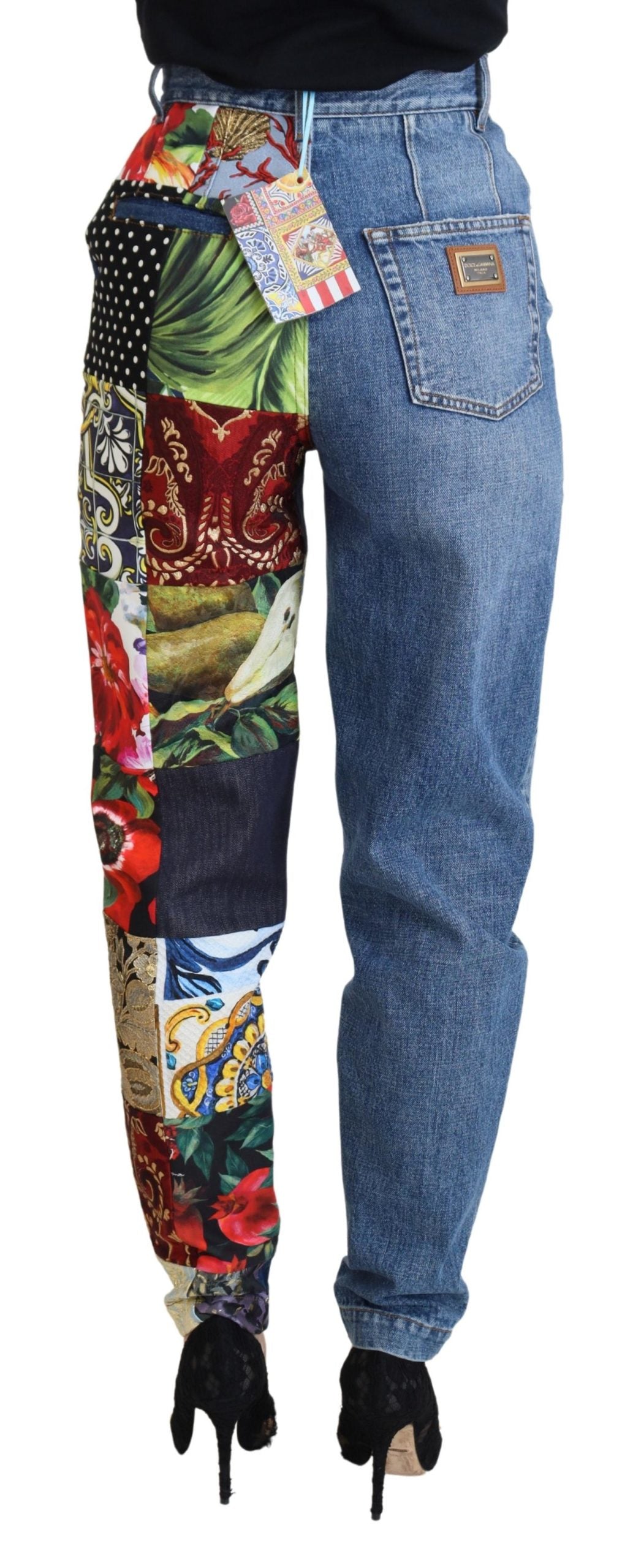 Jeans di lusso in denim blu jacquard patchwork