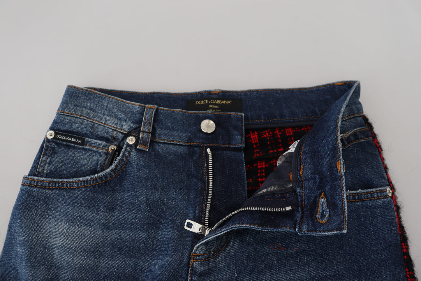 Pantaloni in denim a quadri con schiena alta Elevated Elegance