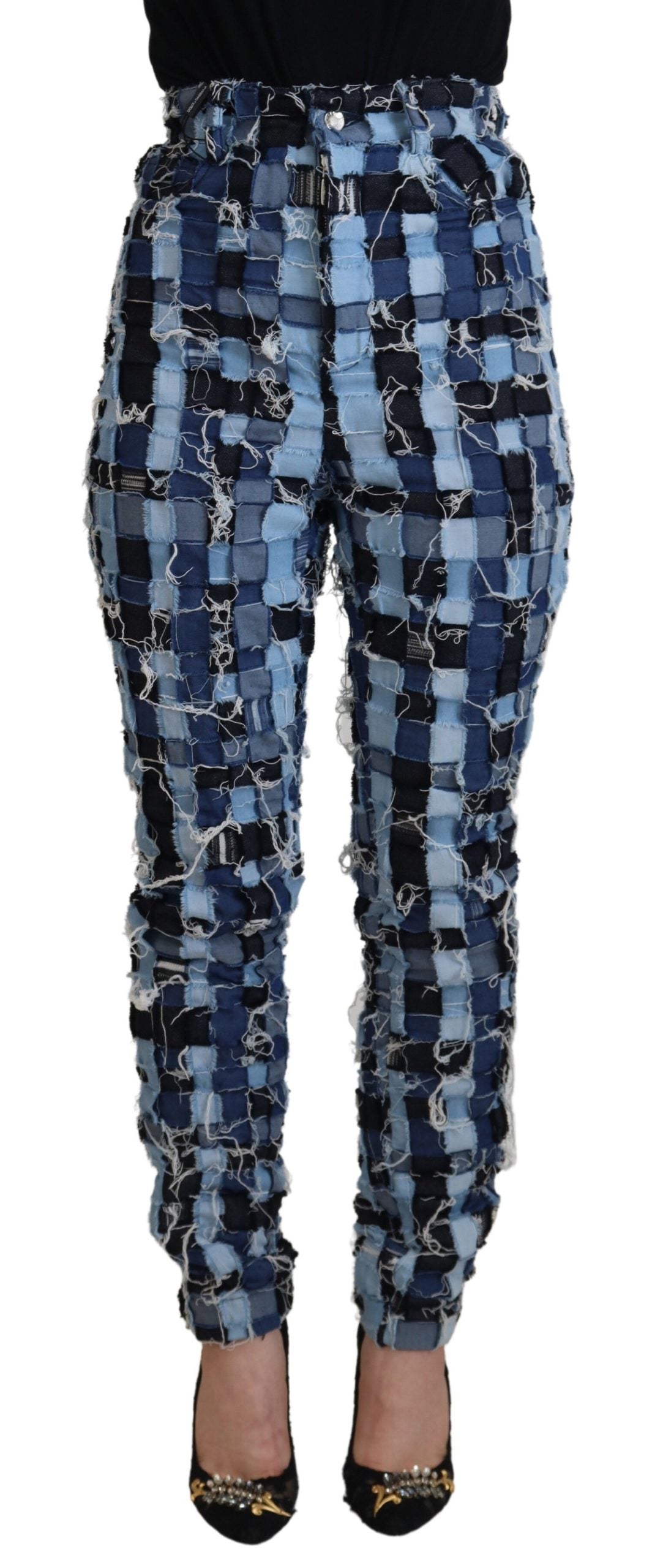 Jeans skinny a vita alta con patchwork multicolore