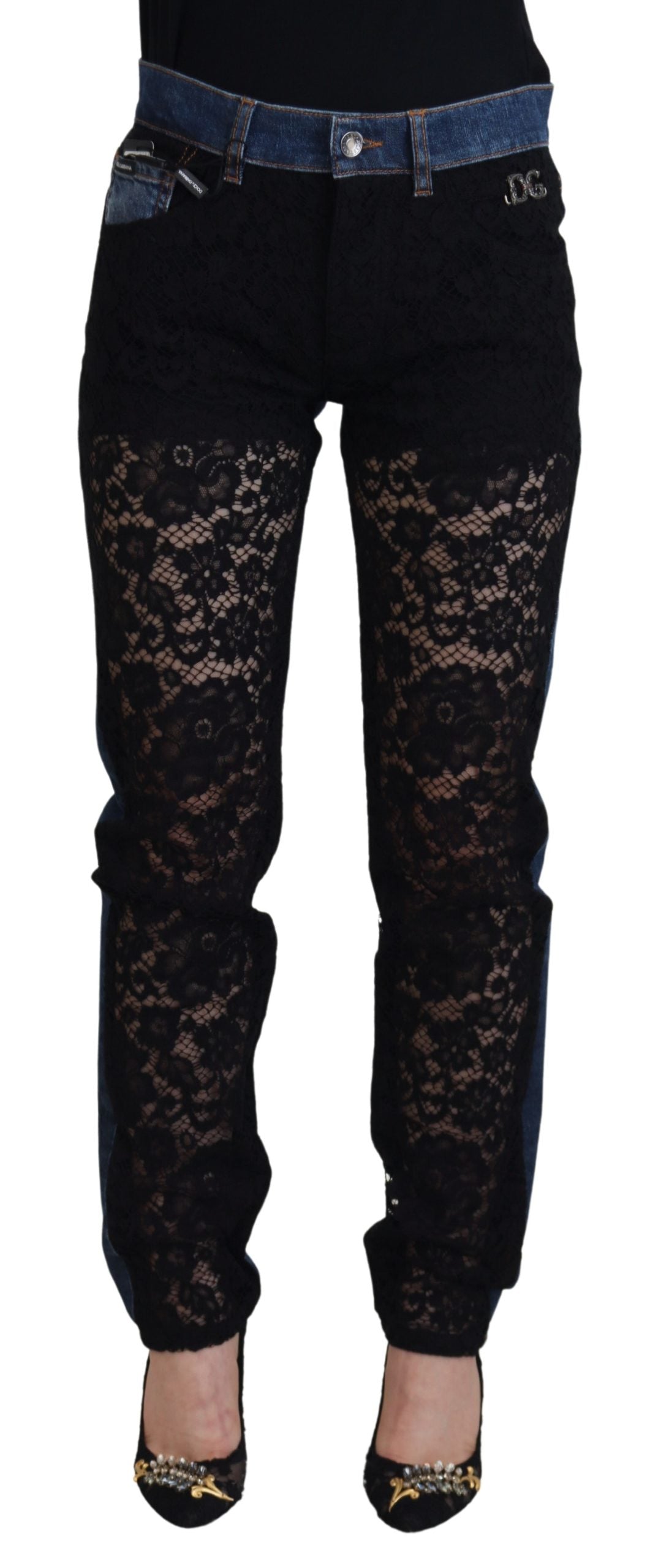 Elegante pizzo floreale davanti denim
