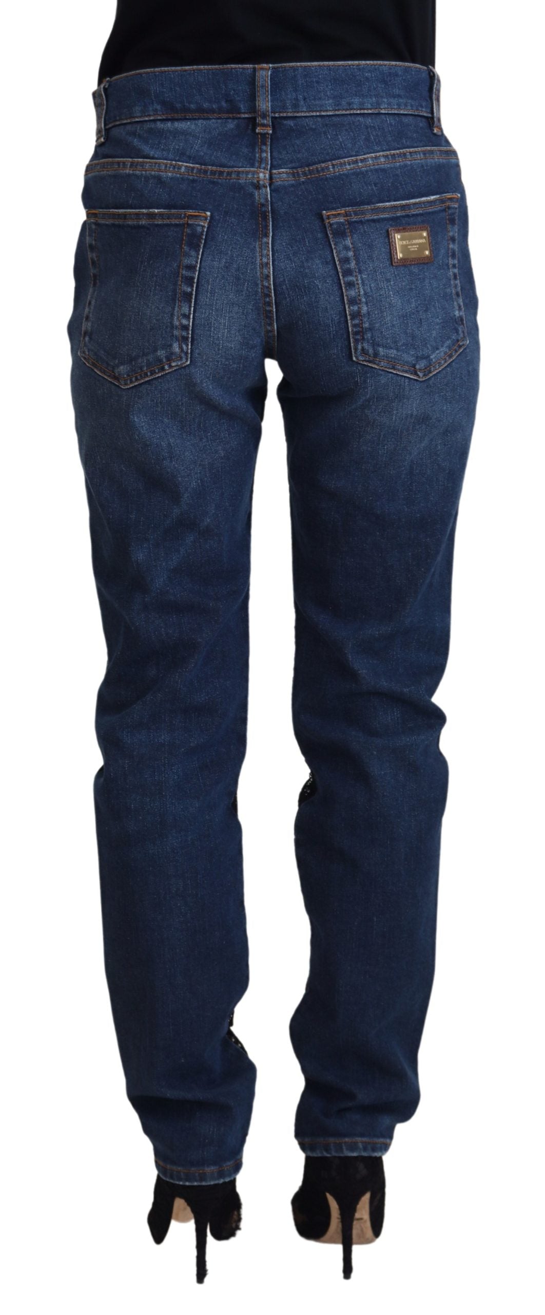 Elegante pizzo floreale davanti denim