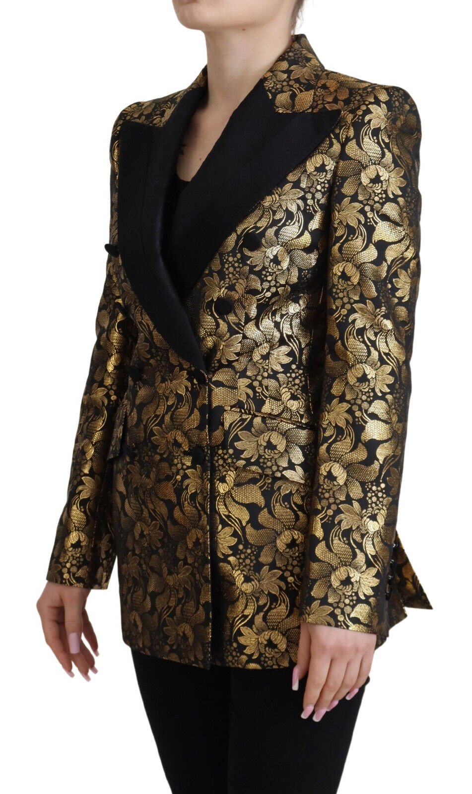Elegante giacca floreale nera e oro