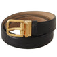 Elegant Black Leather Belt with Engraved Metal Buckle