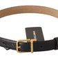 Elegant Black Leather Belt with Engraved Metal Buckle