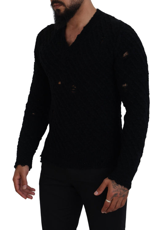 Eleganter schwarzer Pullover aus Wollmischung mit V-Ausschnitt