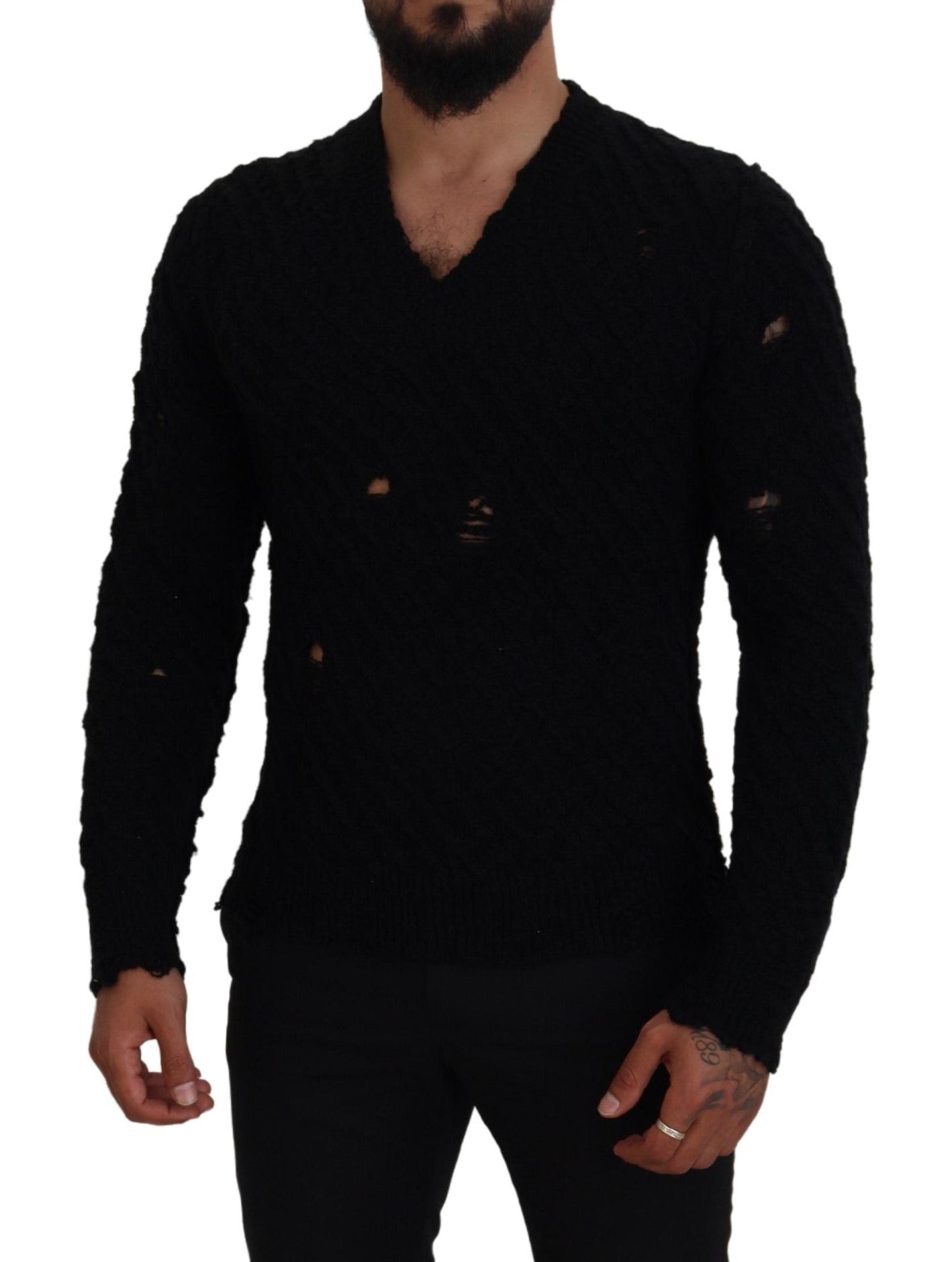 Eleganter schwarzer Pullover aus Wollmischung mit V-Ausschnitt