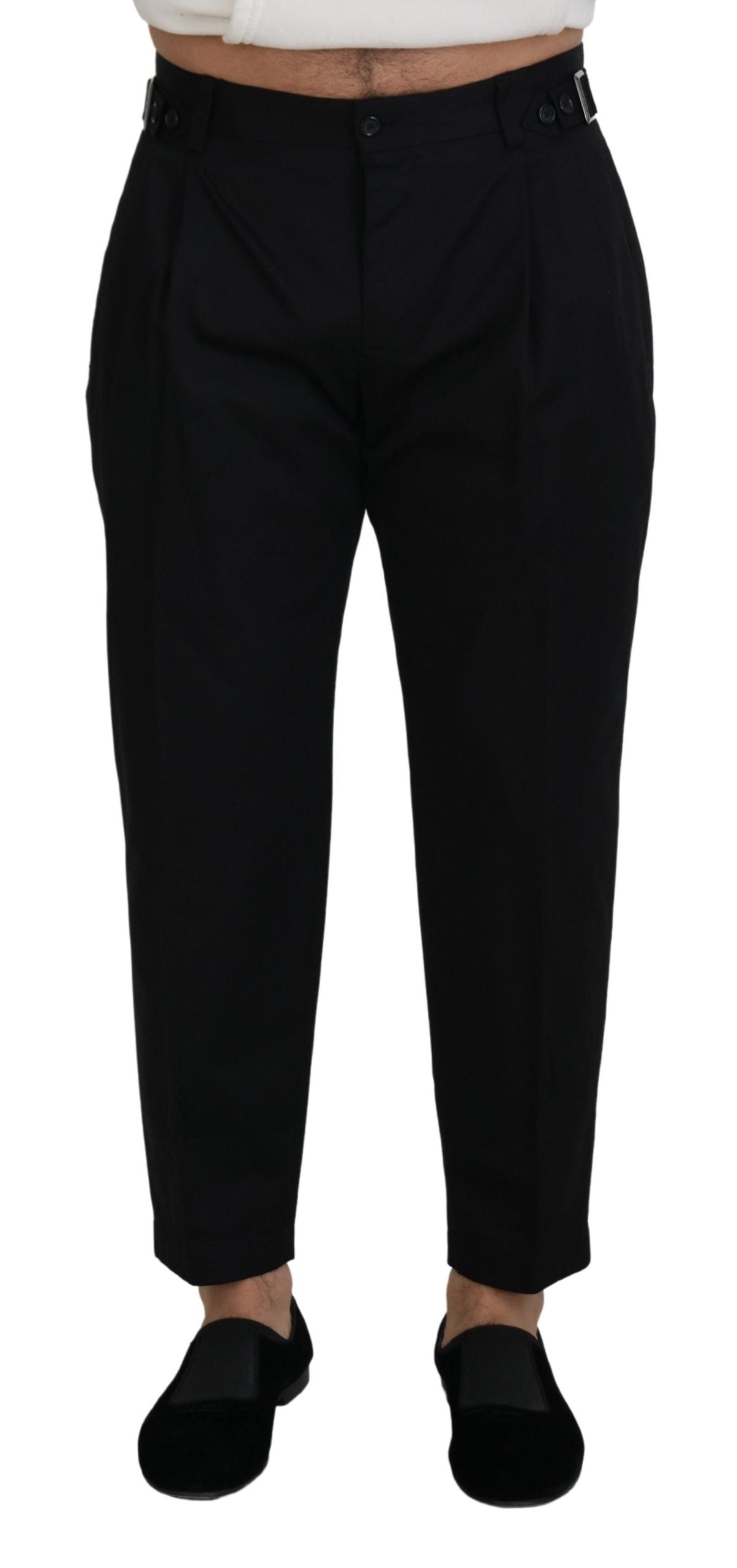 Elegante schwarze italienische Designerhose mit seitlicher Schnalle