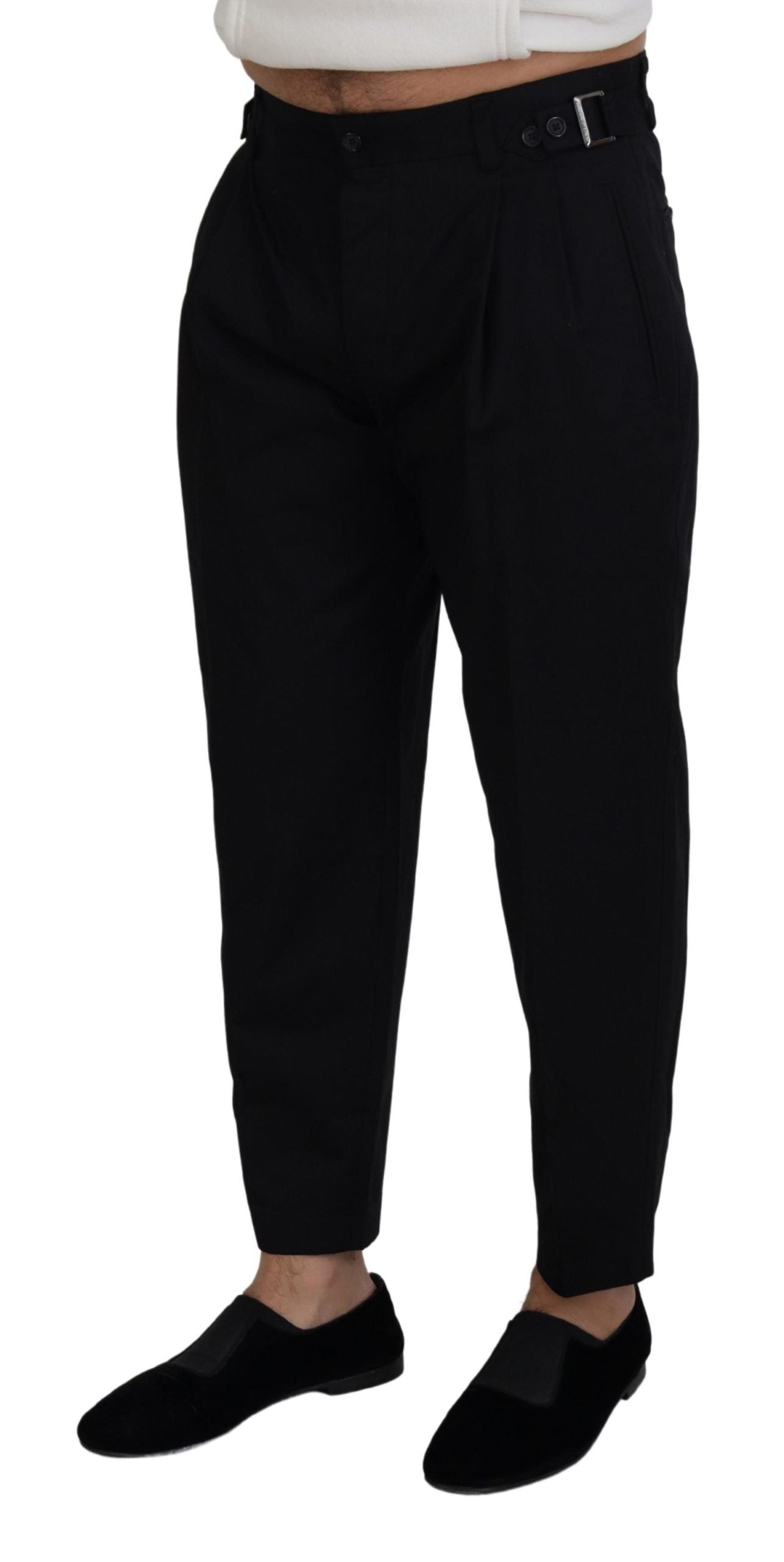 Elegante schwarze italienische Designerhose mit seitlicher Schnalle