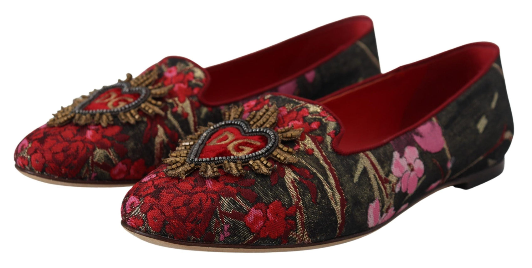Mehrfarbige Ballerinas aus Leder und Stoff mit Herz-Jesu-Aufnäher