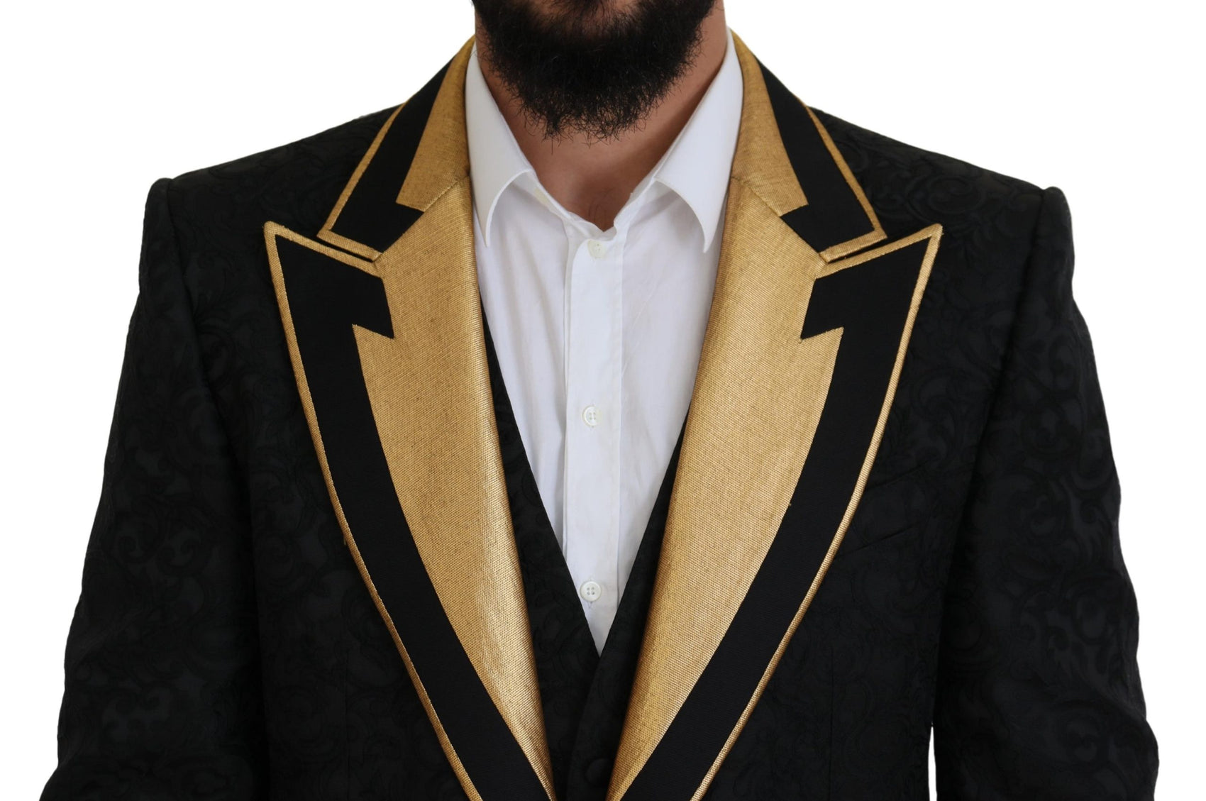 Elegante abito slim fit nero e oro da 3 pezzi