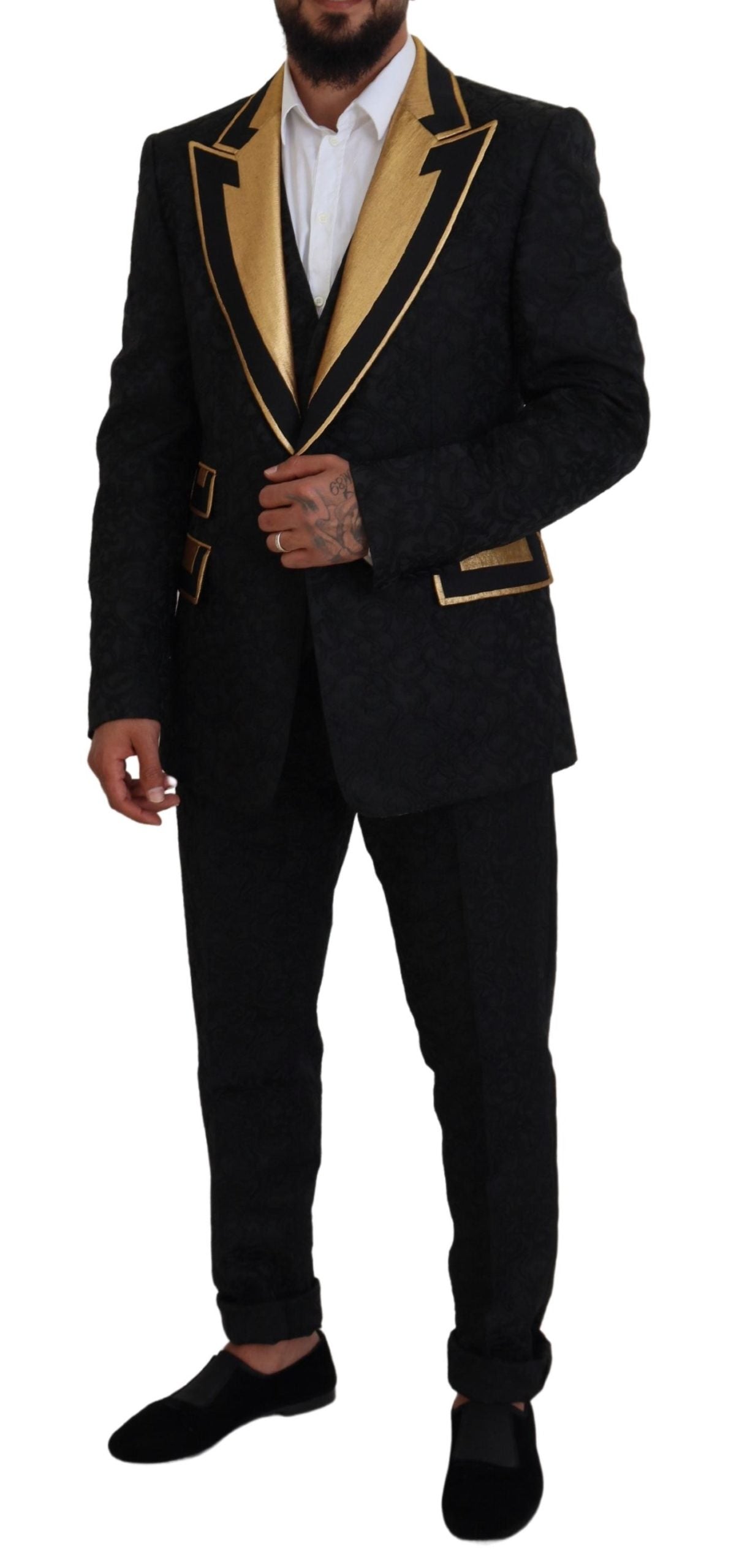 Elegante abito slim fit nero e oro da 3 pezzi