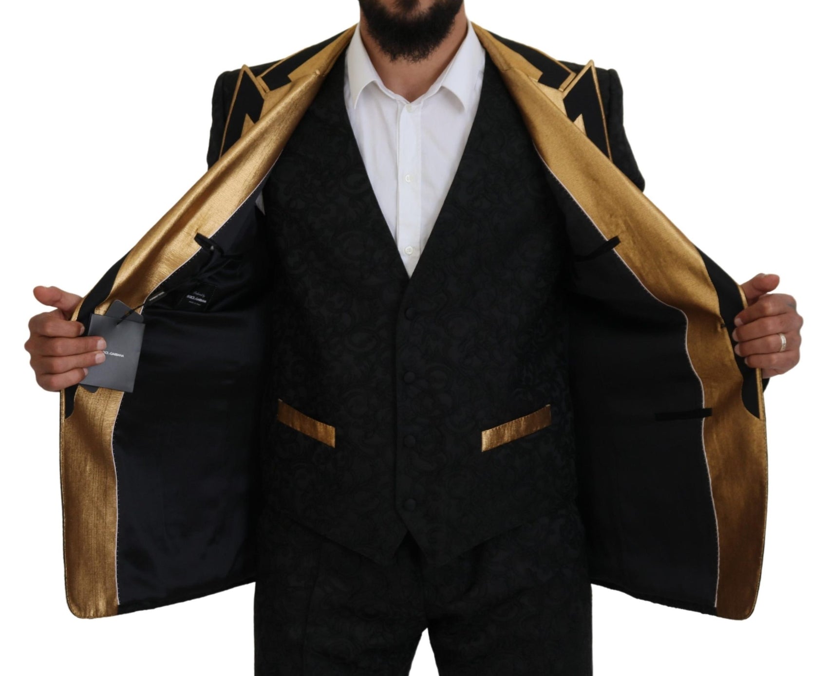 Elegante abito slim fit nero e oro da 3 pezzi