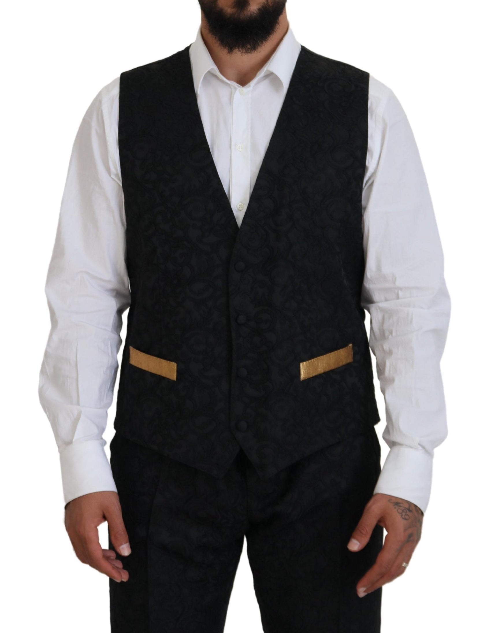 Elegante abito slim fit nero e oro da 3 pezzi