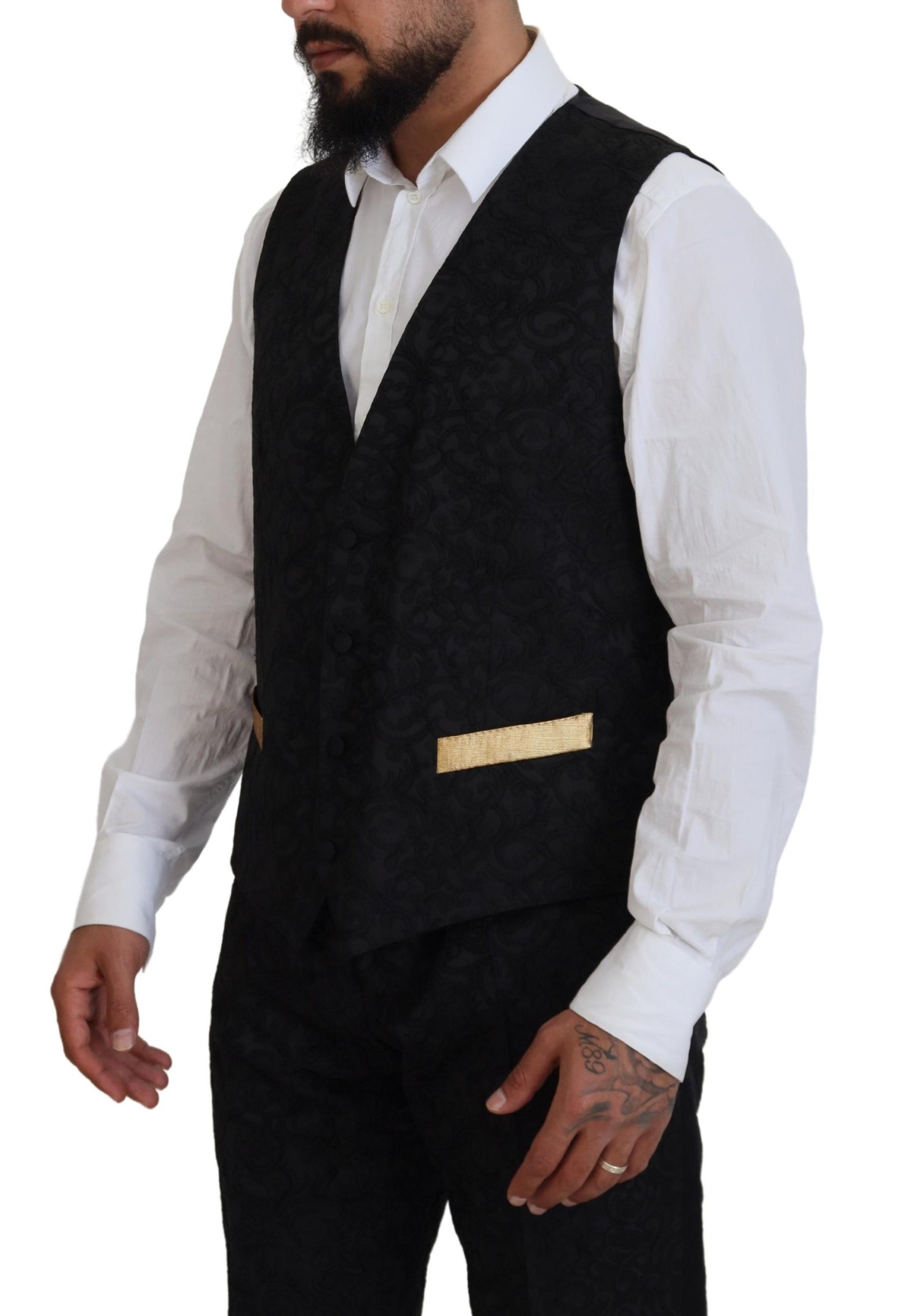 Elegante abito slim fit nero e oro da 3 pezzi