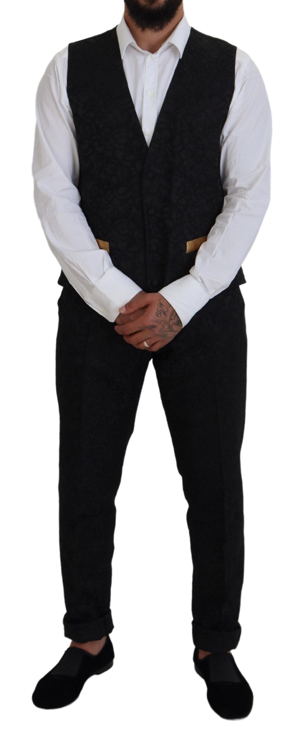 Elegante abito slim fit nero e oro da 3 pezzi