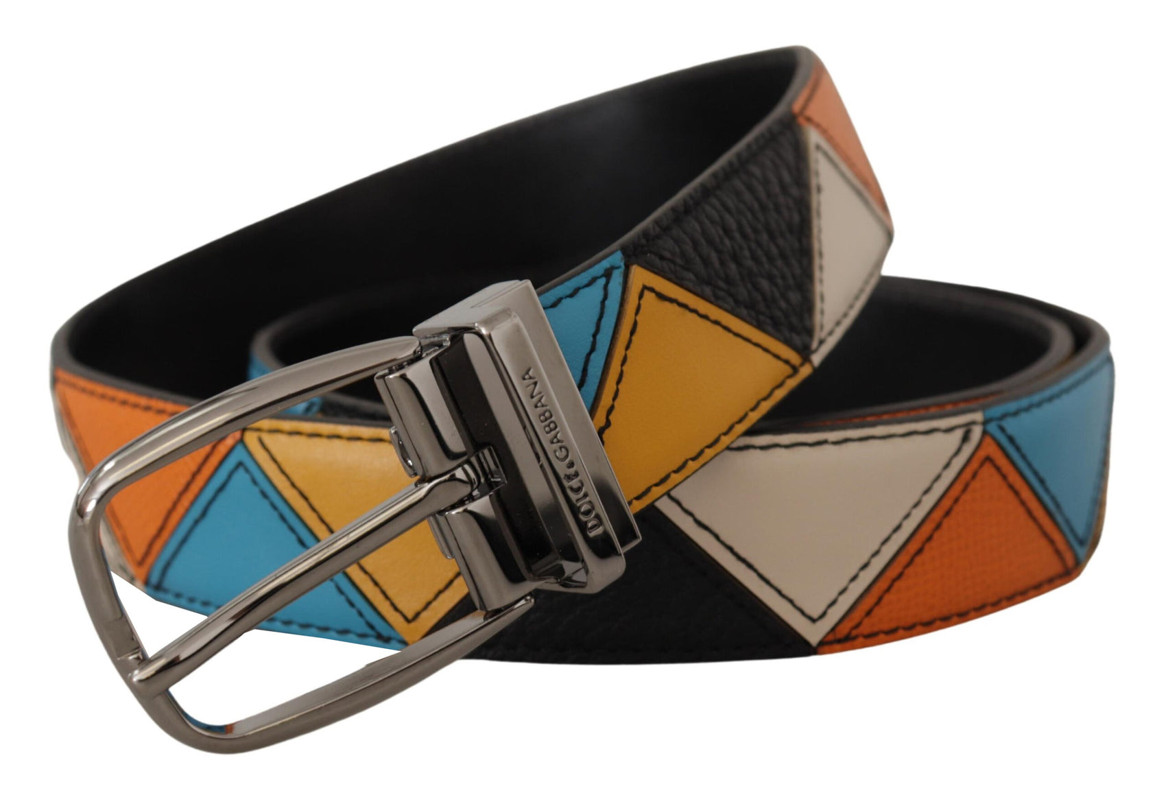 Elegante cintura in pelle multicolore con fibbia argentata