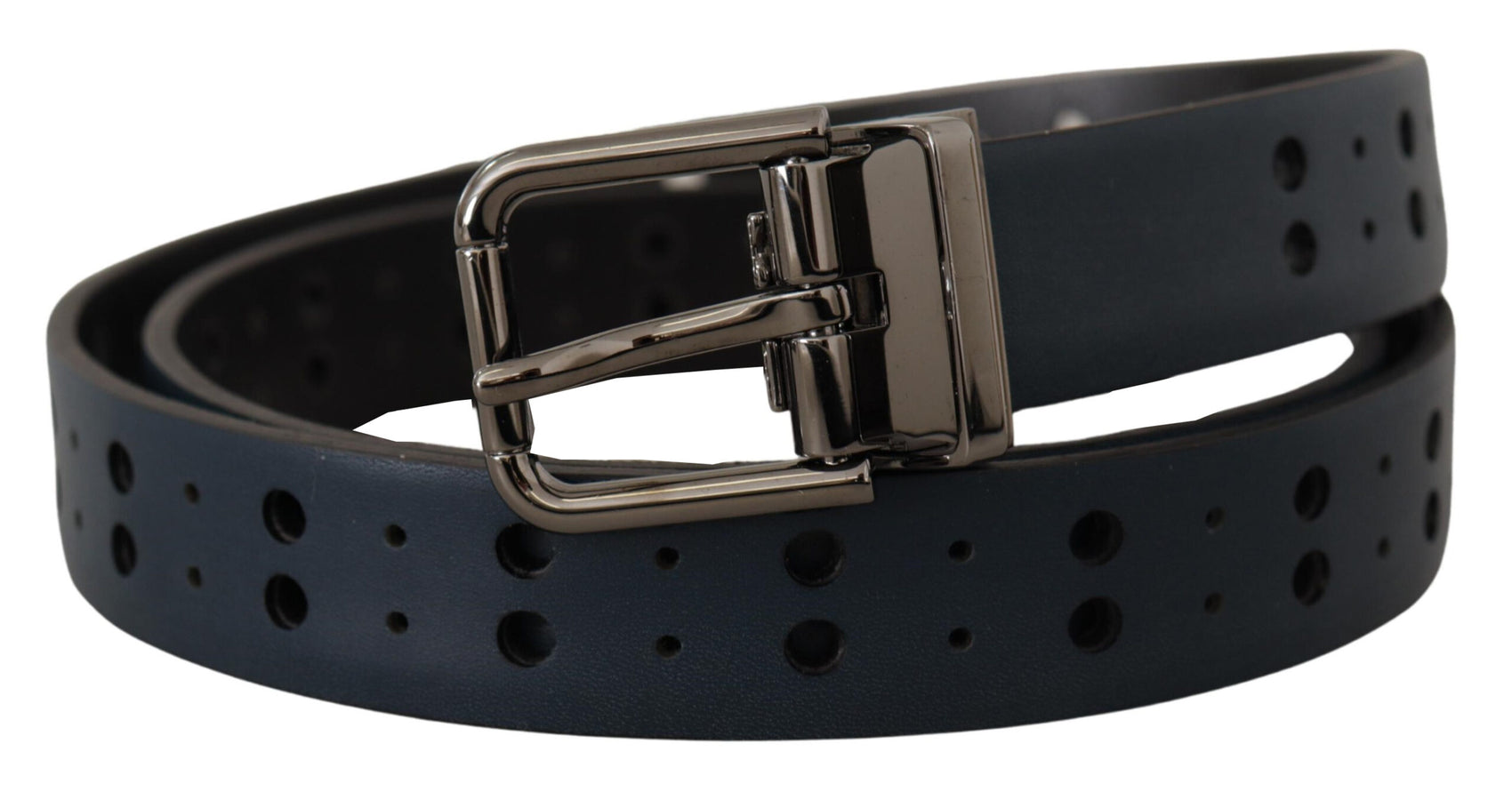 Elegante cintura in pelle blu con fibbia in metallo