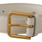 Chic White Leather Belt with Gold Engraved Buckle