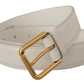 Chic White Leather Belt with Gold Engraved Buckle