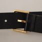 Elegant Black Leather Belt with Gold-Tone Buckle