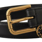 Elegant Black Leather Logo Belt