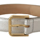 Elegant Silver Leather Belt with Engraved Buckle