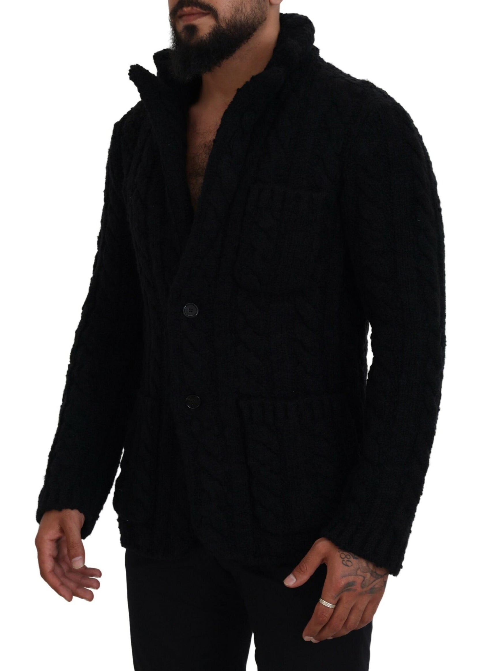 Elegante cardigan nero in misto lana e cashmere