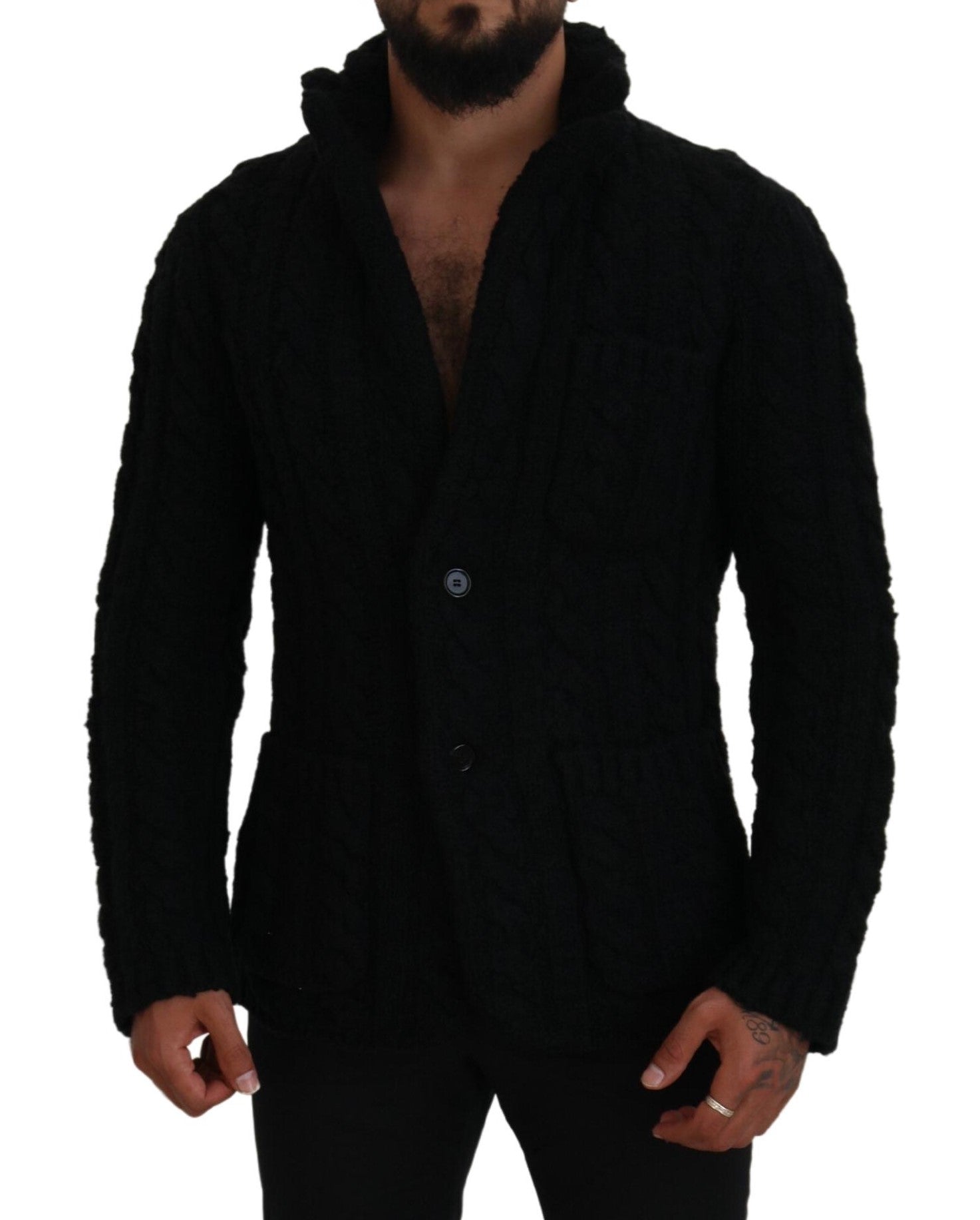 Elegante cardigan nero in misto lana e cashmere
