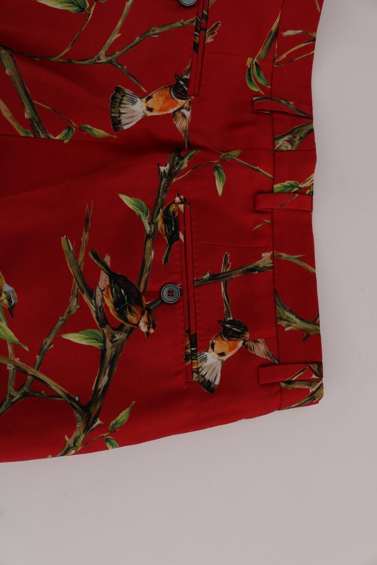 Elegante Seidenanzughose mit rotem Vogel-Print