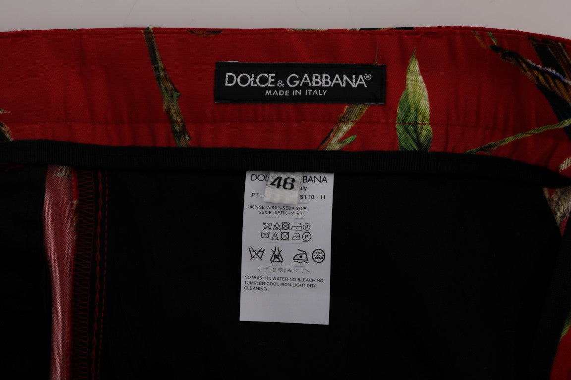 Elegante Seidenanzughose mit rotem Vogel-Print
